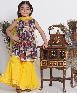 Little Bansi Sleeveless Dress Style Lotus & Duck Printed Lace Placket Tape Embellished Gota Work Kurta & Sharara With Dupatta - Purple & Yellow