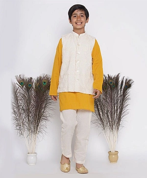 Little Bansi Full Sleeves Floral Embroidered Jaipuri Thread Detailed Kurta Pajama With Jacket - Yellow