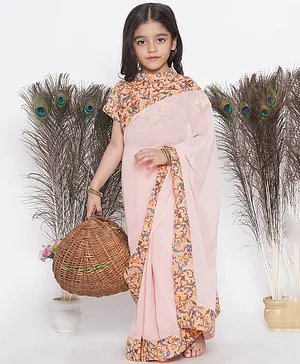 Little Bansi Half Sleeves Floral Hand Block Printed Blouse With Ready To Wear Saree - Peach