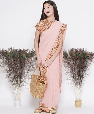 Little Bansi Half Sleeves Floral Hand Block Printed Blouse With Ready To Wear Saree - Peach