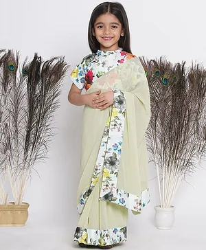 Little Bansi Half Sleeves Floral Printed Blouse With Ready To Wear Saree - Apple Green