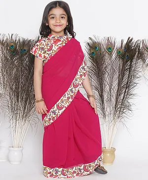 Little Bansi Half Sleeves Floral Printed Blouse With Ready To Wear Saree - Red
