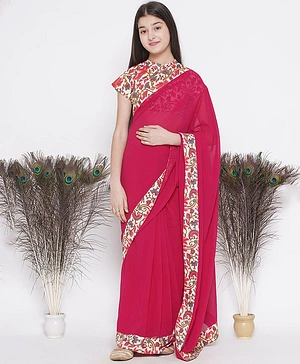 Little Bansi Half Sleeves Floral Printed Blouse With Ready To Wear Saree - Red