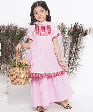 Little Bansi Half Sleeves Dress Style Tiny Tassel Detail Motif Printed Striped Self Design Kurta & Sharara With Dupatta - Pink