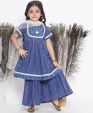 Little Bansi Half Sleeves Dress Style Tiny Tassel Detail Motif Printed Striped Self Design Kurta & Sharara With Dupatta - Blue