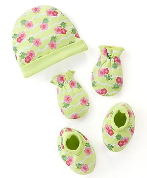 Babyhug 100%  Cotton Cap Mittens And Booties Floral Print -  Green