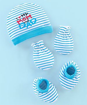 Babyhug 100% Cotton Knit Striped Cap Mittens & Booties Set Blue - Diameter 10 cm