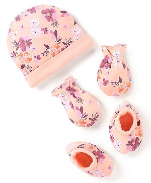 Babyhug 100% Cotton Knit Flower Printed Cap Mittens & Booties Set- Peach