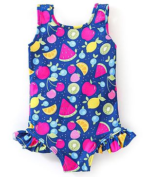 Babyhug Sleeveless V Cut Swimsuit Apple Print - Navy Blue