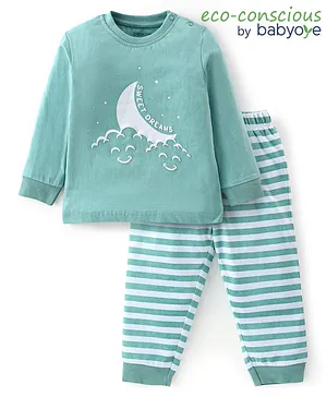 Babyoye 100% Cotton With Antibacterial Finish Full Sleeves Moon Print Night Suit - Green