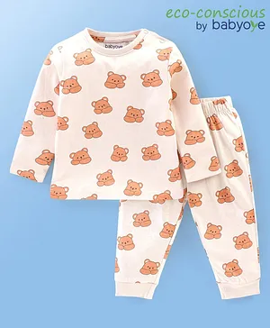 Babyoye 100% Cotton Knit With Antibacterial Finish Full Sleeves Night Suit Bear Print - Cream & Brown