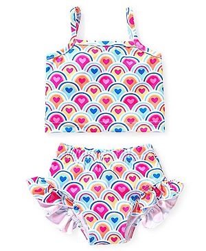 Babyhug Sleeveless Two Piece Swimsuit Heart  Print - Pink