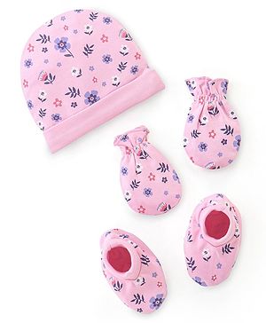 Babyhug 100% Cotton Cap Mittens & Booties Floral Print- Pink