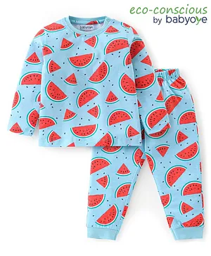 Babyoye 100% Cotton With Antibacterial Finish Full Sleeves Watermelon Print  Night Suit - Blue