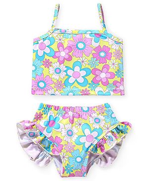 Babyhug Sleeveless Two Piece Swimsuit Floral  Print - Pink