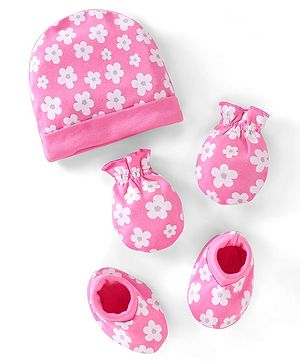 Babyhug 100% Cotton Knit Cap Mittens & Booties Set Floral Print - Pink