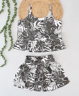 Qvink Sleeveless Forest Leaves Printed Frill Detailed Top With Coordinating Attached Belt Detailed Shorts - Grey