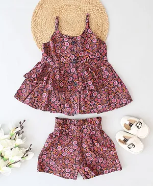 Qvink Summer Sleeveless Ditsy Floral Printed Peplum Top With Coordinating Shorts - Brown