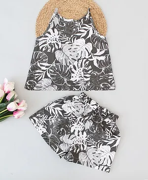 Qvink Summer Sleeveless Forest Theme Leaves Printed Top With Shorts - Grey