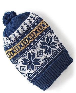 Babyhug Pom Pom Woollen Cap - White & Navy Blue