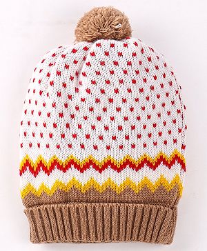 Babyhug Woollen Caps with Pompom & Polka Dot Design White - Diameter 10 cm