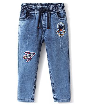 Babyhug Cotton Denim Full Length Stretchable Joggers Space Theme Embroidery - Blue