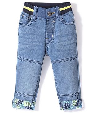 Babyhug Cotton Full Length Denim with Stretch Jeans Leafs Print   Fly With Zipper -  Blue