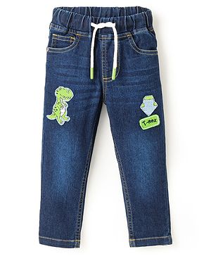 Babyhug Denim Full Length Washed Stretch Jeans Dino Embroidery - Blue