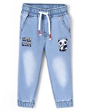 Babyhug Denim Stretchable Full Length Joggers With Text Print & Panda Patch - Light Blue