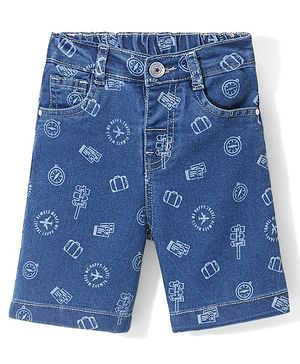 Babyhug Cotton Above Knee Length Washed Stretchable Denim Barmuda Aeroplane Print - Blue