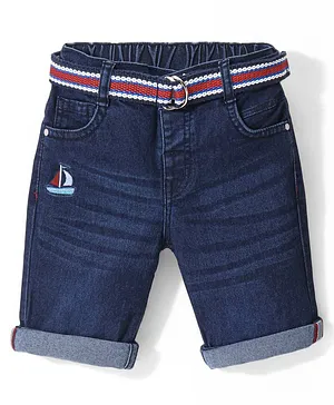 Babyhug Cotton Above Knee Length Washed Stretchable Denim Barmuda Boat Embroidery - Dark Blue