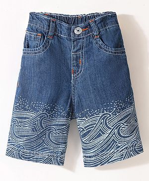 Babyhug Cotton Spandex Above Knee Length Stretchable Washed Denim Bermuda Wave Print - Blue