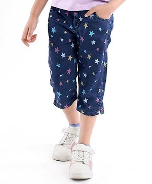 Babyhug Cotton Spandex Ankle Length Stretchable Washed Denim Capri Star Print - Blue