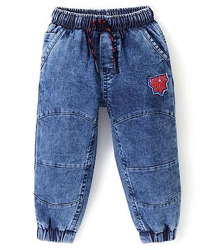 Babyhug Cotton Full Length Text Print Joggers With Stretch - Blue