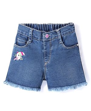 Babyhug Cotton Above Knee Length Stretchable Washed Denim Shorts Bird Embroidery - Blue