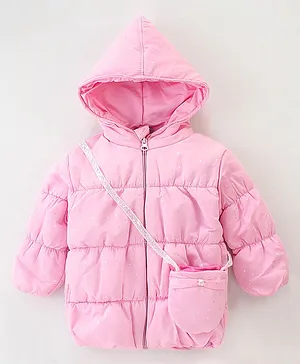 Little Kangaroos Taffeta Full Sleeves Solid Quilted Winter Jacket With Bag - Pink