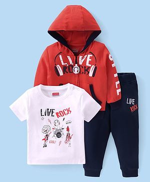 Babyhug Cotton Knit T-Shirt & Lounge Pant Set with Full Sleeves Hoodie Text Print - Coral & Blue