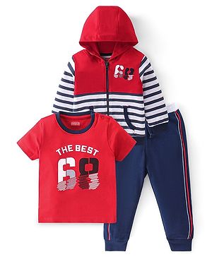 Babyhug 100% Cotton Knit T-Shirt & Lounge Pant Set with Full Sleeves Hoodie Stripes & Text Print - Red & Blue