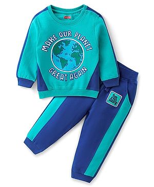 Babyhug 100% Cotton Knit Full Sleeves T-Shirt & Joggers With Earth Print - Blue & Green