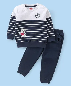 Babyhug Single Jersey Full Sleeves T-Shirt & Lounge Pant Set With Teddy Print - Navy Blue