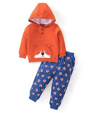 Babyhug Terry Cotton Knit Full Sleeves Hoodie & Lounge Pant Set Fox Print - Orange & Blue