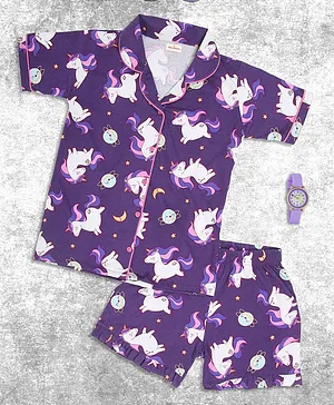 Ninos Dreams 100% Cotton Half Sleeves All Over Baby Unicorn & Stars Printed Coordinating Night Suit - Purple