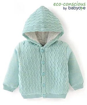 Babyoye 100% Cotton Knit Full Sleeves Hooded Sweater With Cable knit Design - Blue