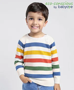 Babyoye 100% Cotton Knit Colour Blocked Full Sleeves Pullover Sweater - White Blue & Yellow