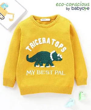 Babyoye  100% Cotton Solid Dyed Full Sleeves Dino & Text Design Sweater - Yellow