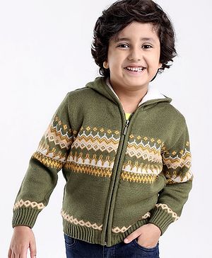 Babyhug Knit Full Sleeves Hooded Sweater Argyle Design - Olive Green