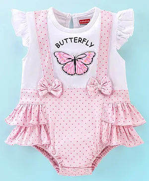 Babyhug 100% Cotton Half Sleeves Onesie with Bow Applique and Butterfly Print - Pink