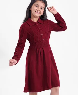 Hola Bonita Full Sleeves Cable Knit with Collar Sweater Dress - Wine