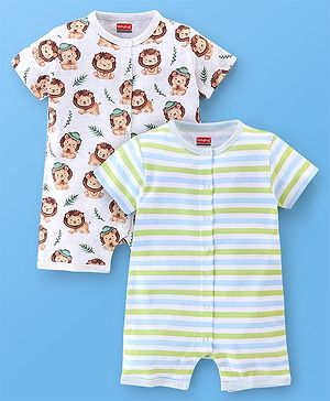 Babyhug 100% Cotton Half Sleeves Romper Lion & Stripes Print Pack of 2- White & Green