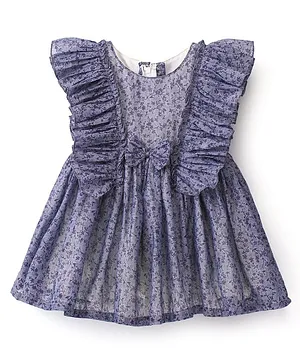 Rassha Cap Sleeves Frill Bodice Detailed With Floral Printed Fit And Flared Dress   - Blue